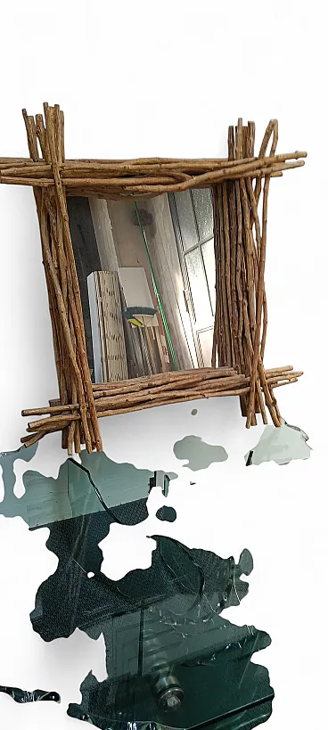 One-piece mirror with wooden branch frame