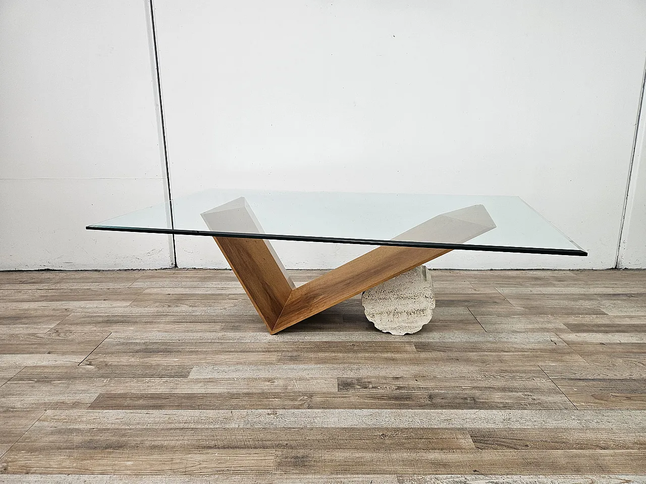 Valentino coffee table by Cattelan Italia in glass, wood, and travertine 1