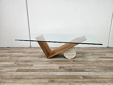 Valentino coffee table by Cattelan Italia in glass, wood, and travertine
