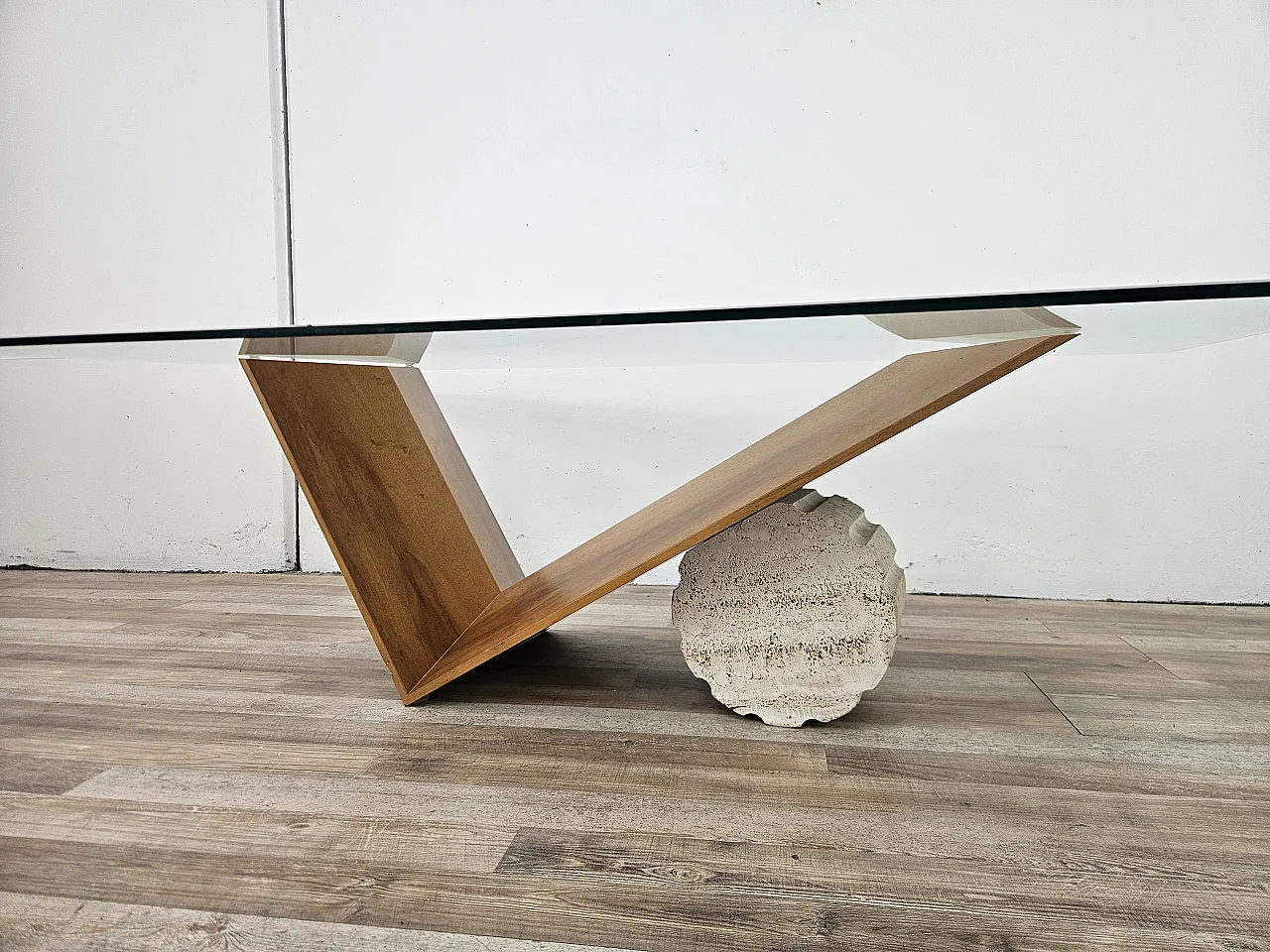 Valentino coffee table by Cattelan Italia in glass, wood, and travertine 3