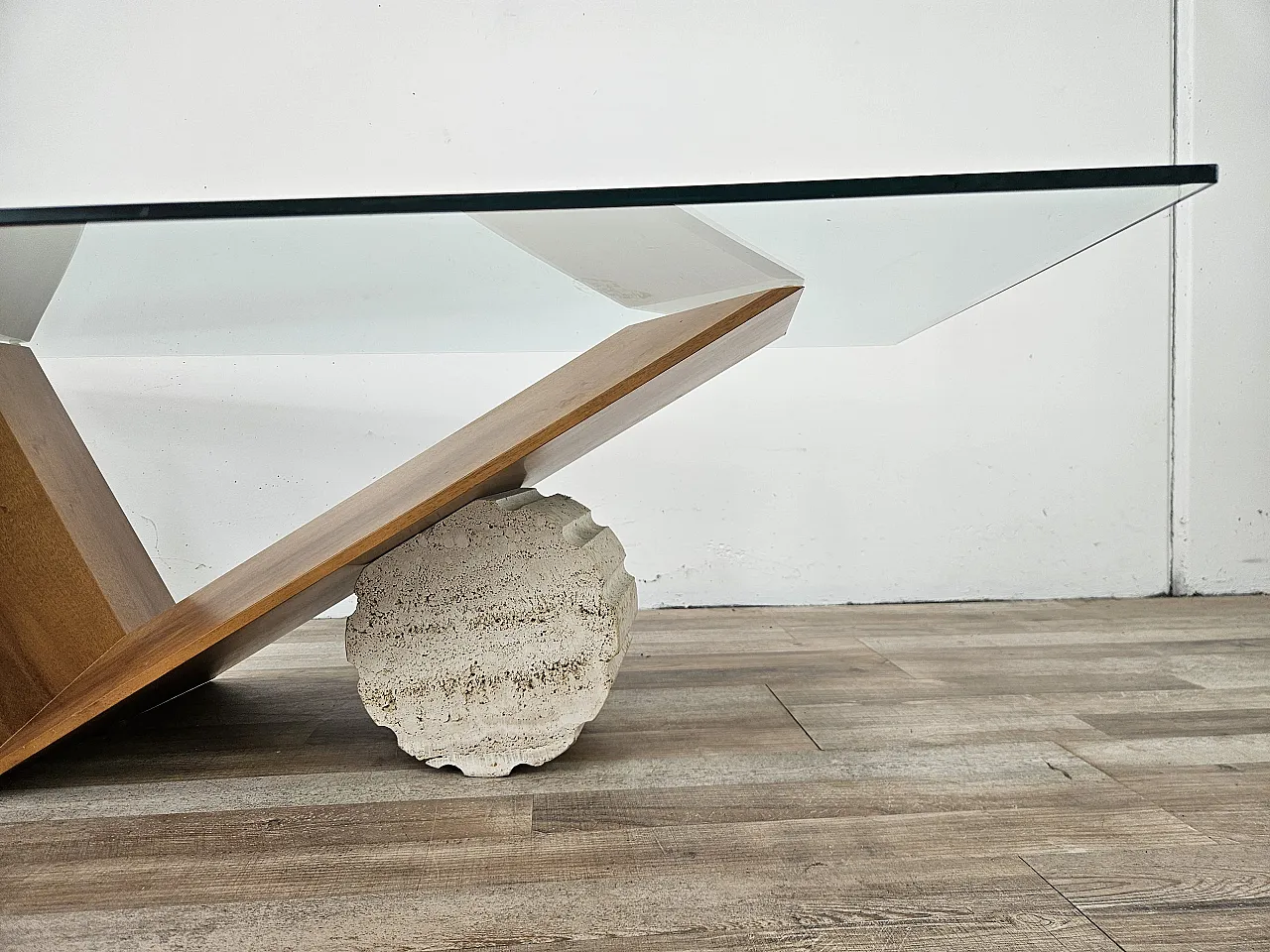 Valentino coffee table by Cattelan Italia in glass, wood, and travertine 4