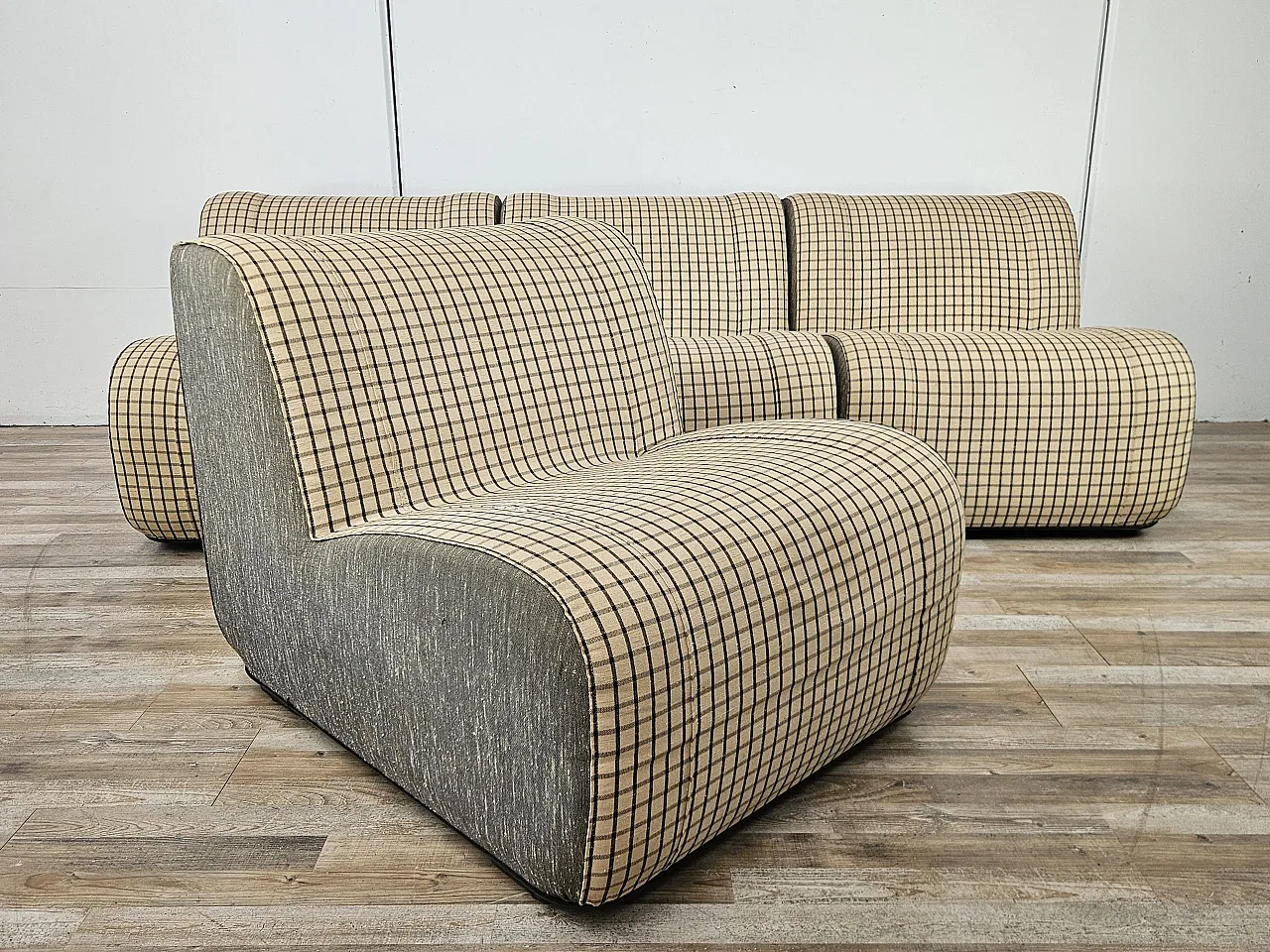 Set of 3 modular sofa in checked fabric, 1970s 1