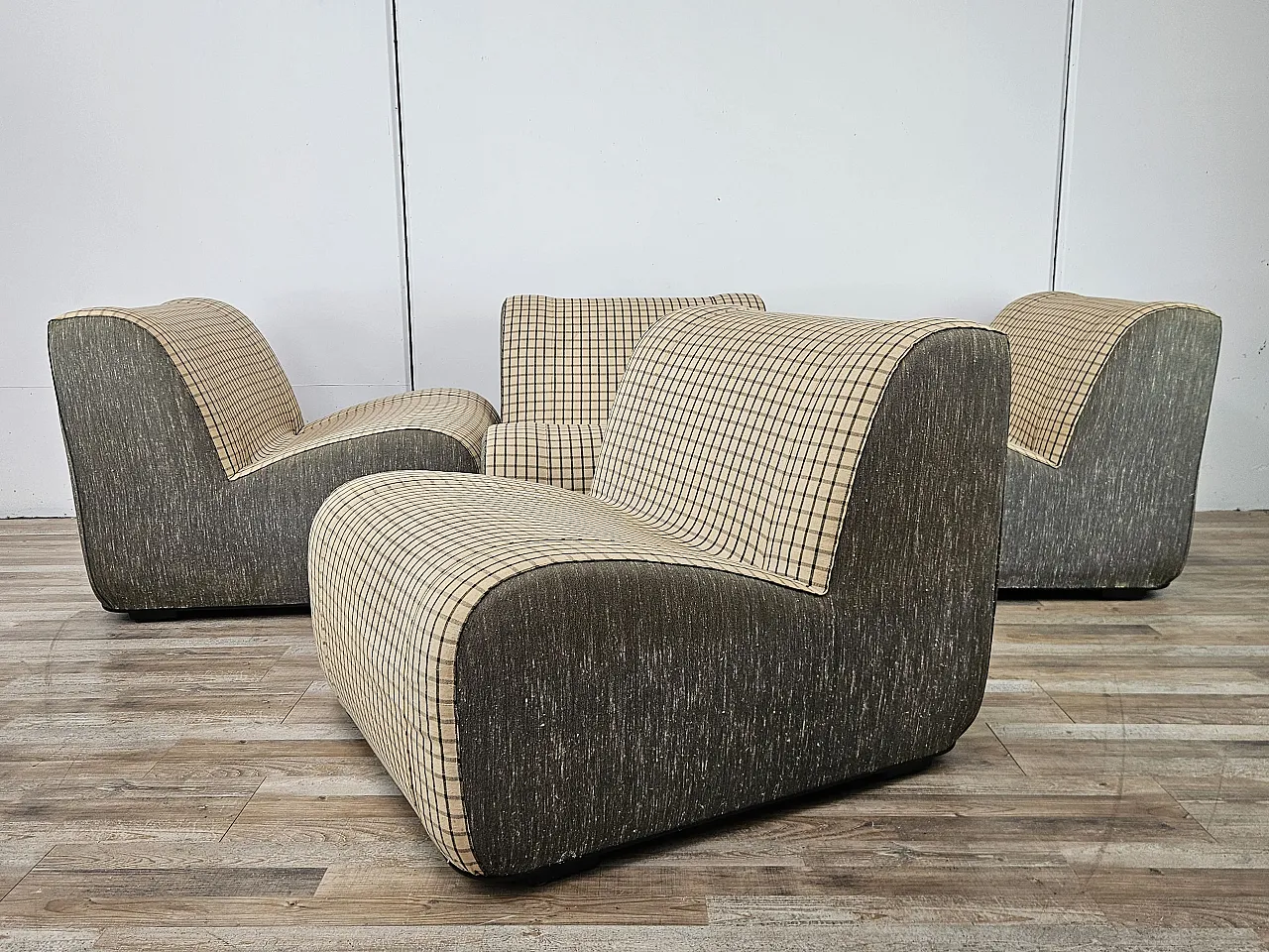 Set of 3 modular sofa in checked fabric, 1970s 2