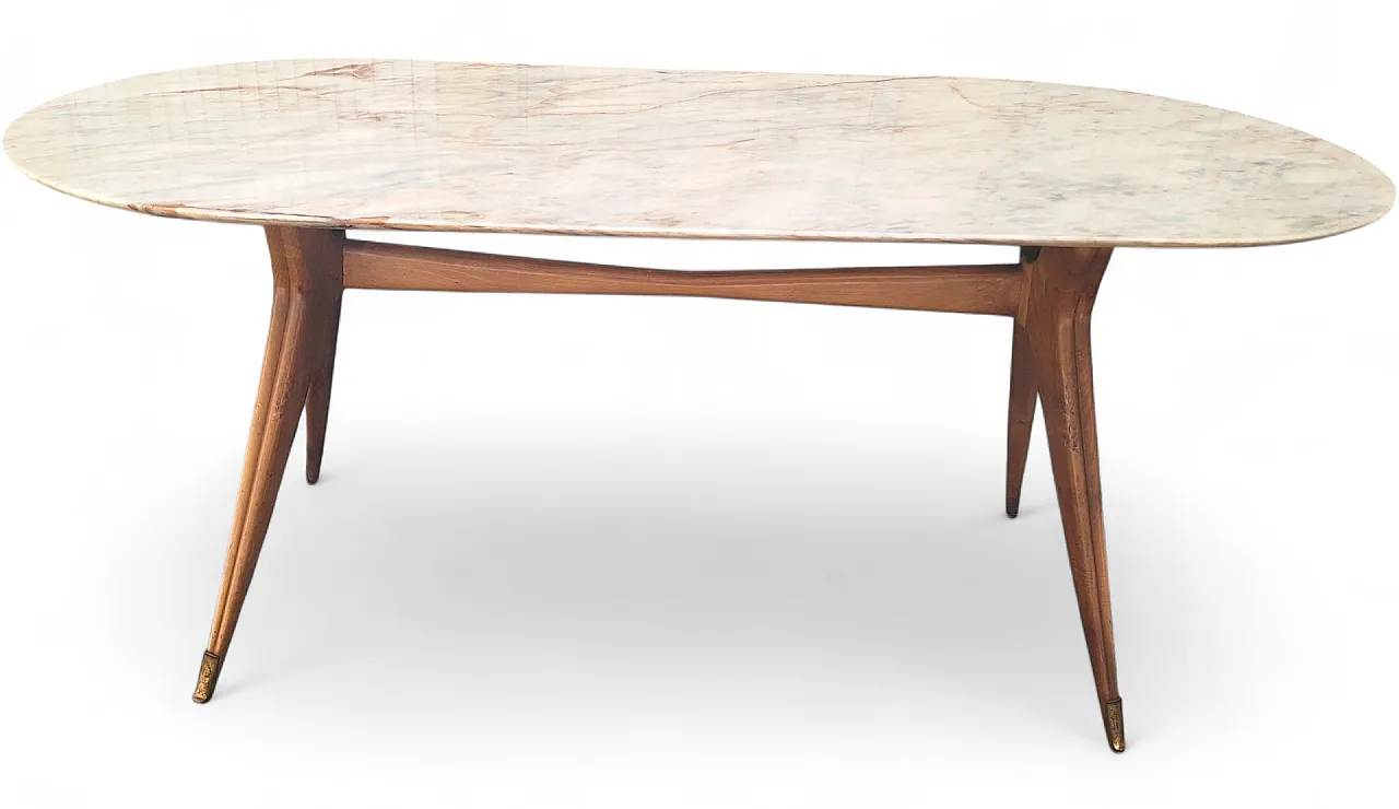 Tavolo in legno, finiture in ottone e ripiano in marmo, anni '50 6