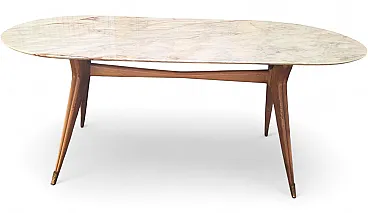 Dining table with wooden base, brass finishes and marble top, 1950s