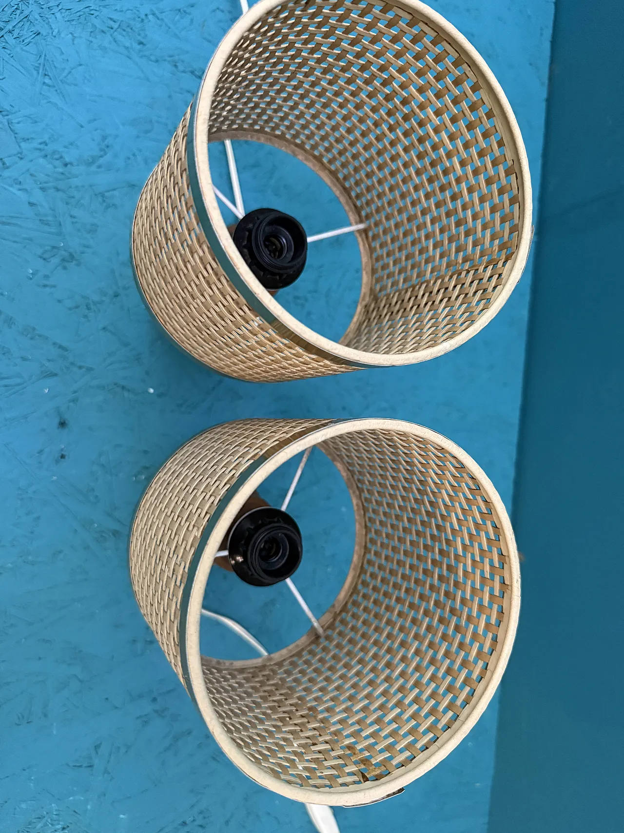 Pair of mid-century lampshades in wood, brass, and Vienna straw, 1960s 6