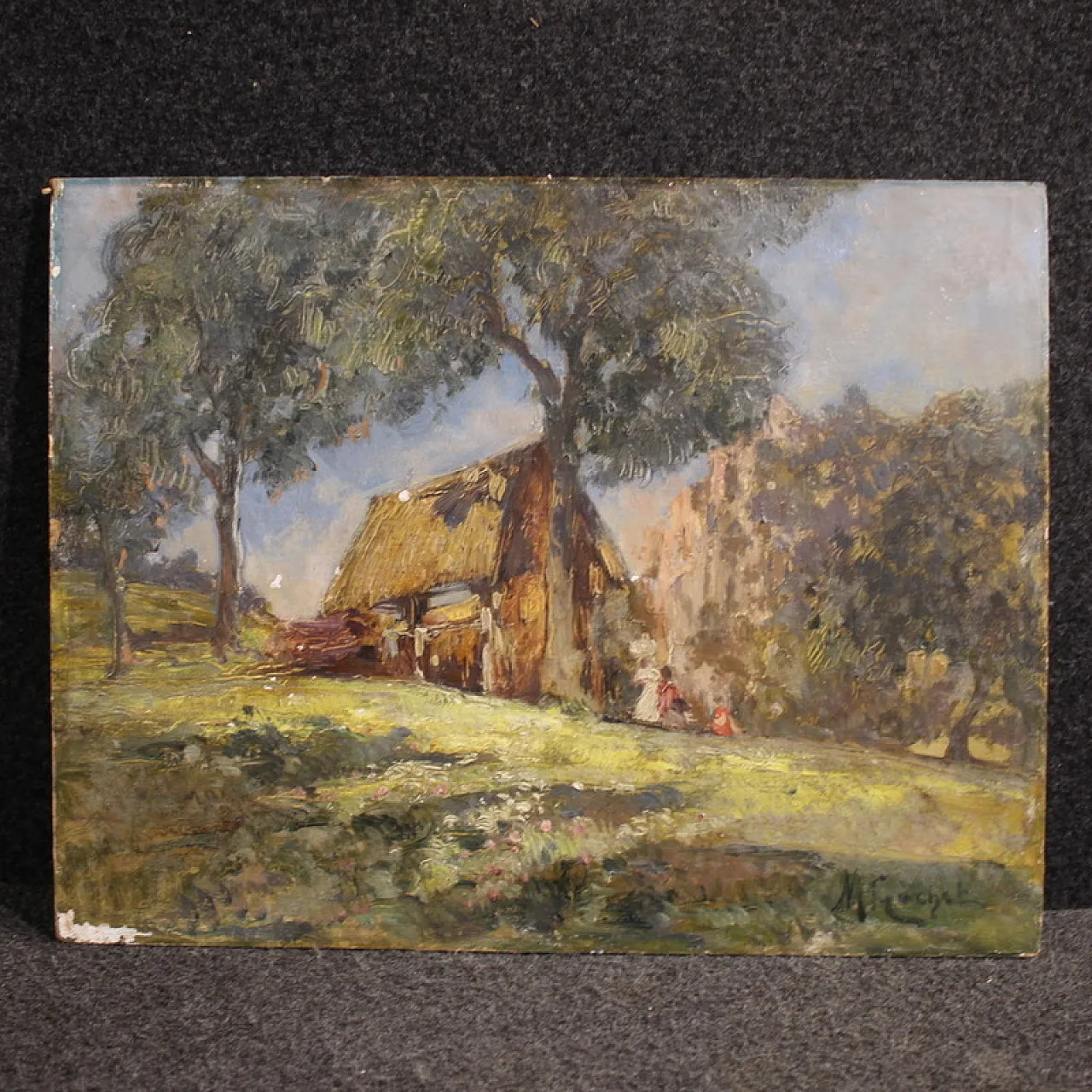 Italian painting, countryside view with characters, 20th century 1