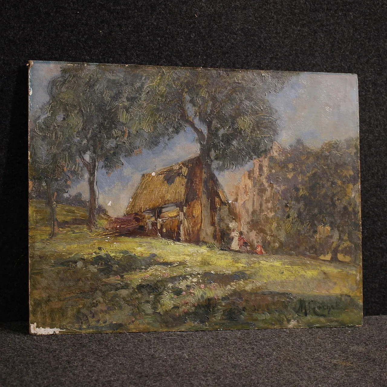 Italian painting, countryside view with characters, 20th century 2