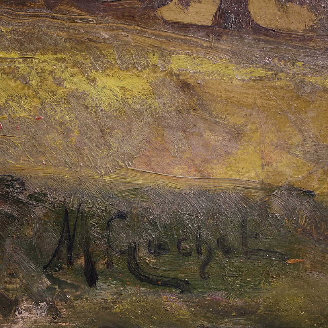 Italian painting, countryside view with characters, 20th century 3