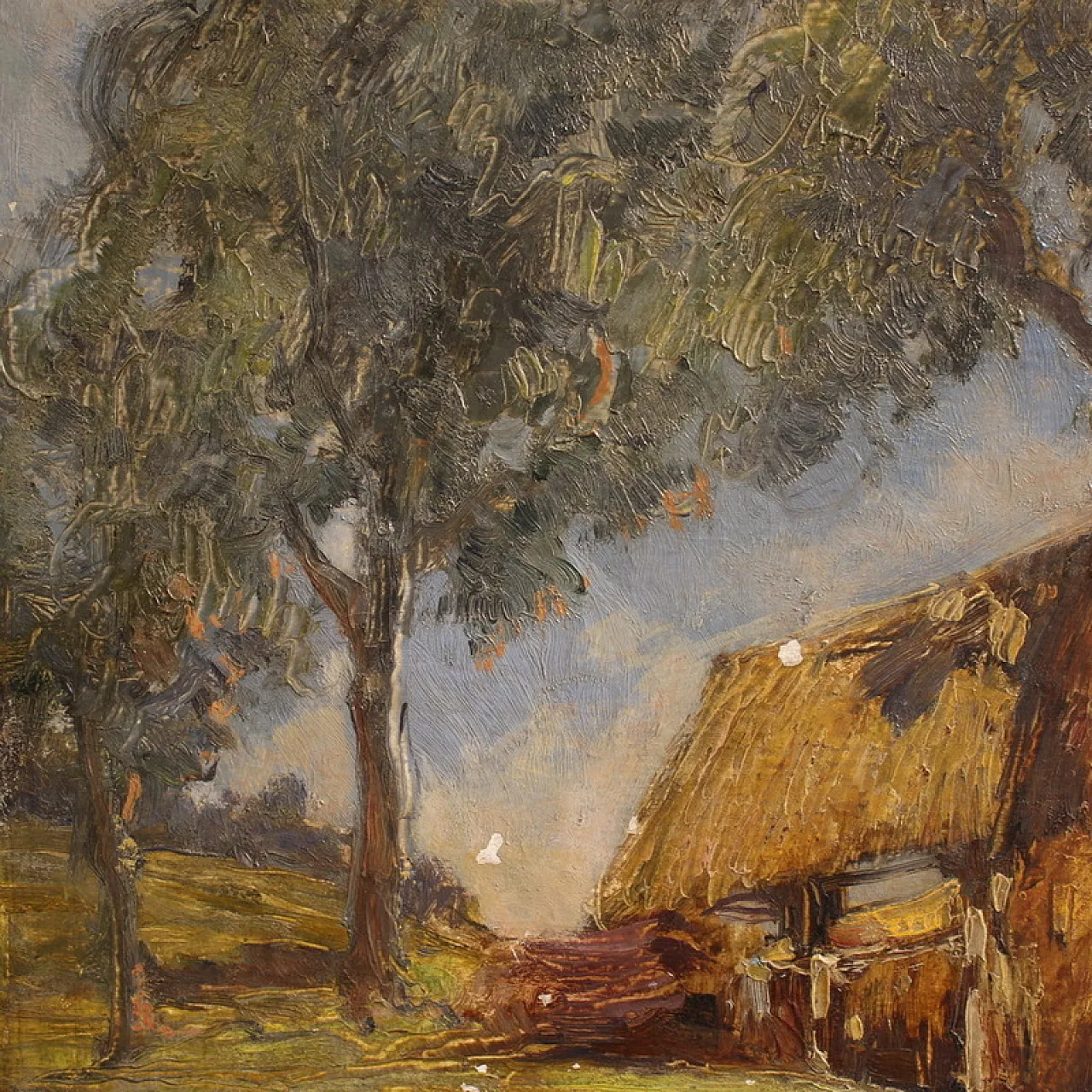 Italian painting, countryside view with characters, 20th century 4