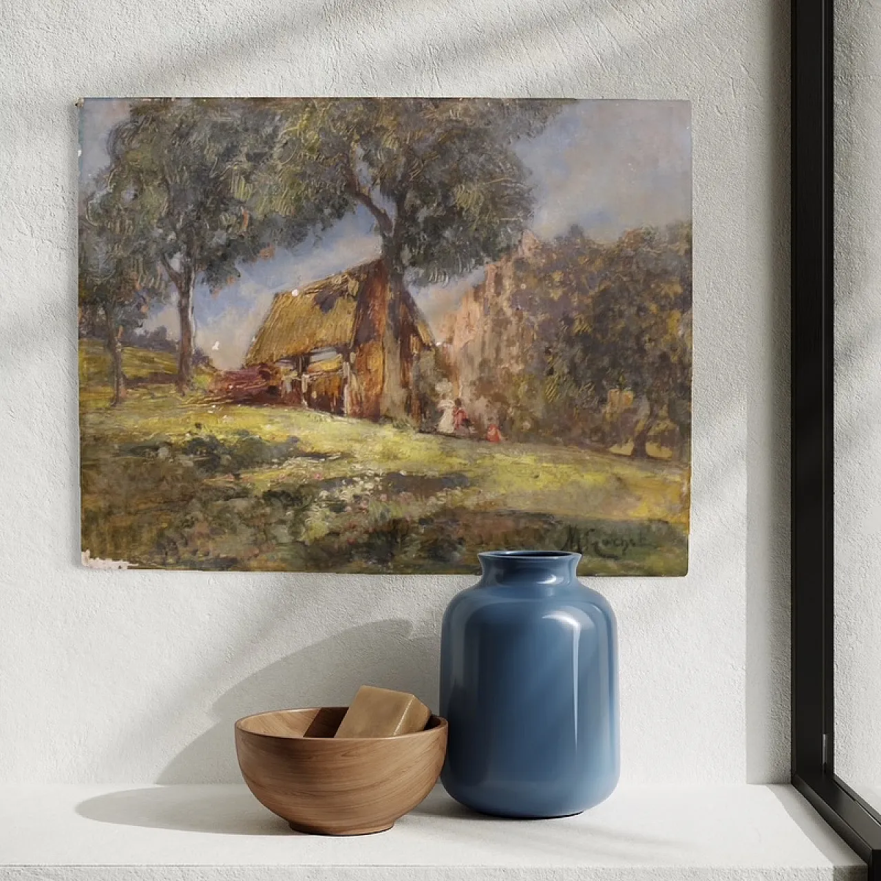 Italian painting, countryside view with characters, 20th century 7