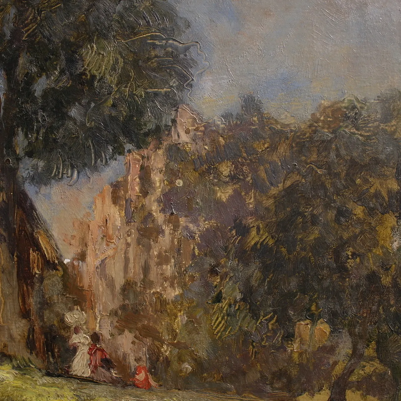 Italian painting, countryside view with characters, 20th century 9