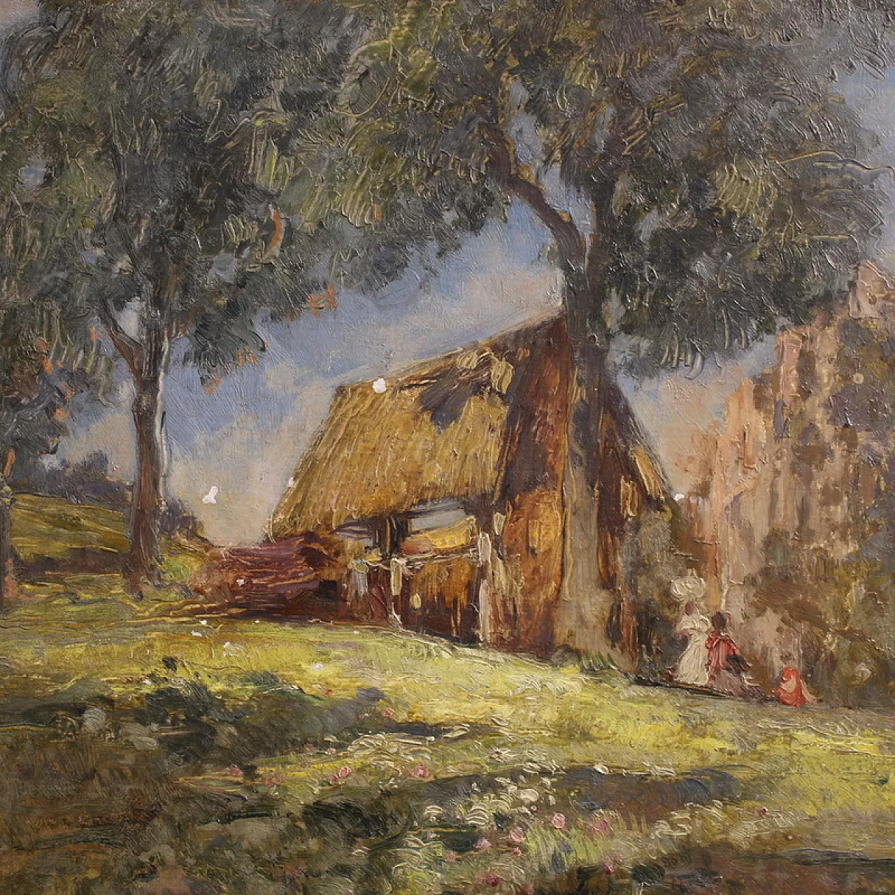 Italian painting, countryside view with characters, 20th century 12