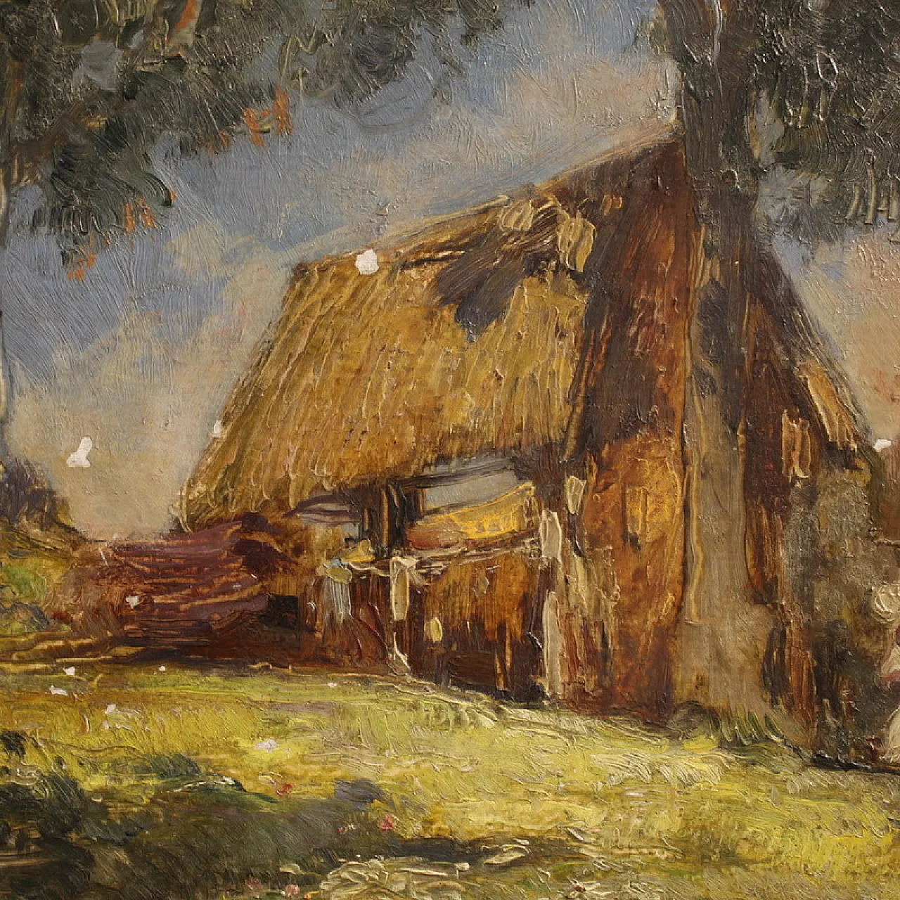 Italian painting, countryside view with characters, 20th century 13