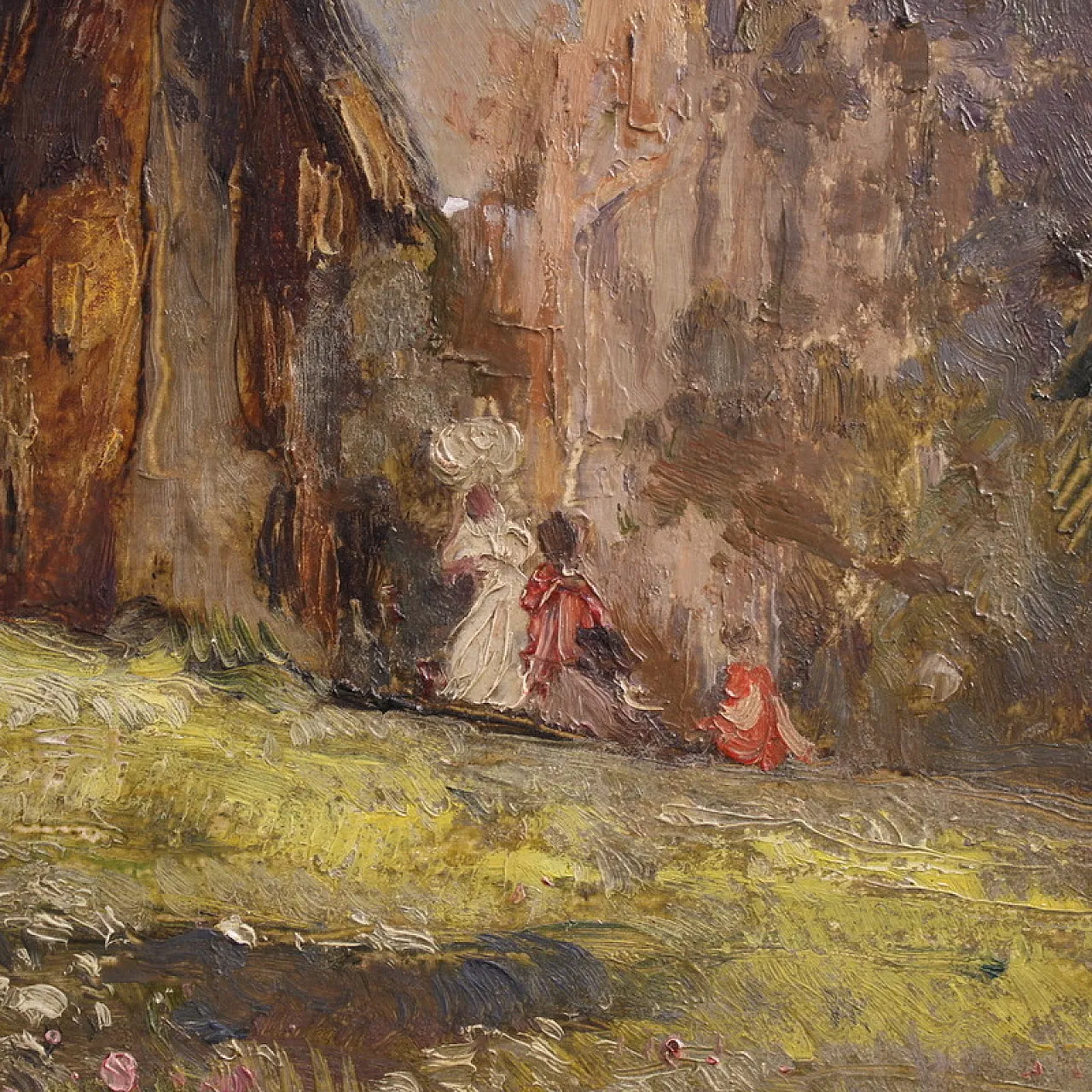 Italian painting, countryside view with characters, 20th century 14