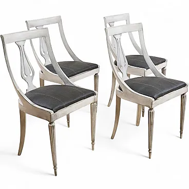 4 Gray-White Wooden Chairs and Genuine Leather Seats, 1940s