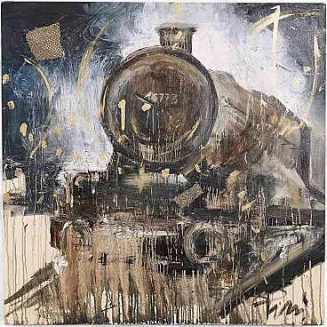 Alfredo Pini, Train, oil squared painting, 20th century