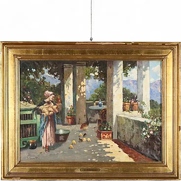Scene on the Veranda by G. Esposito, oil on canvas, 20th century