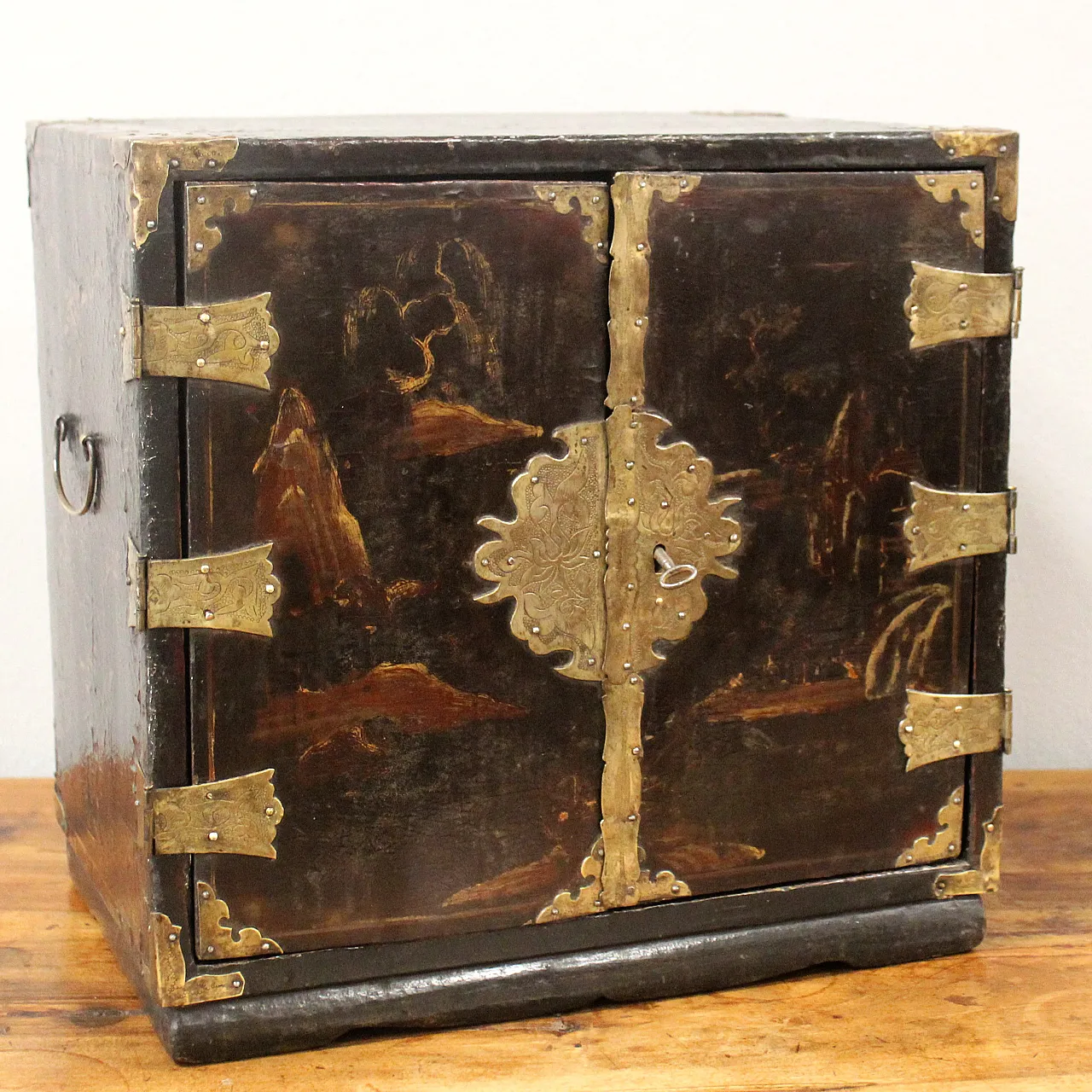 19th century painted lacquered wood travel jewelry cabinet 1