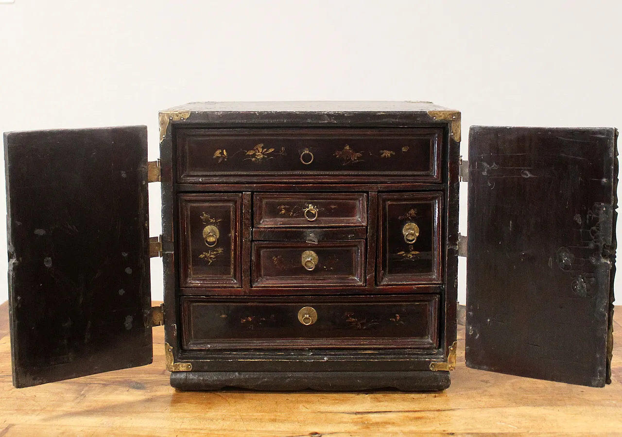 19th century painted lacquered wood travel jewelry cabinet 4