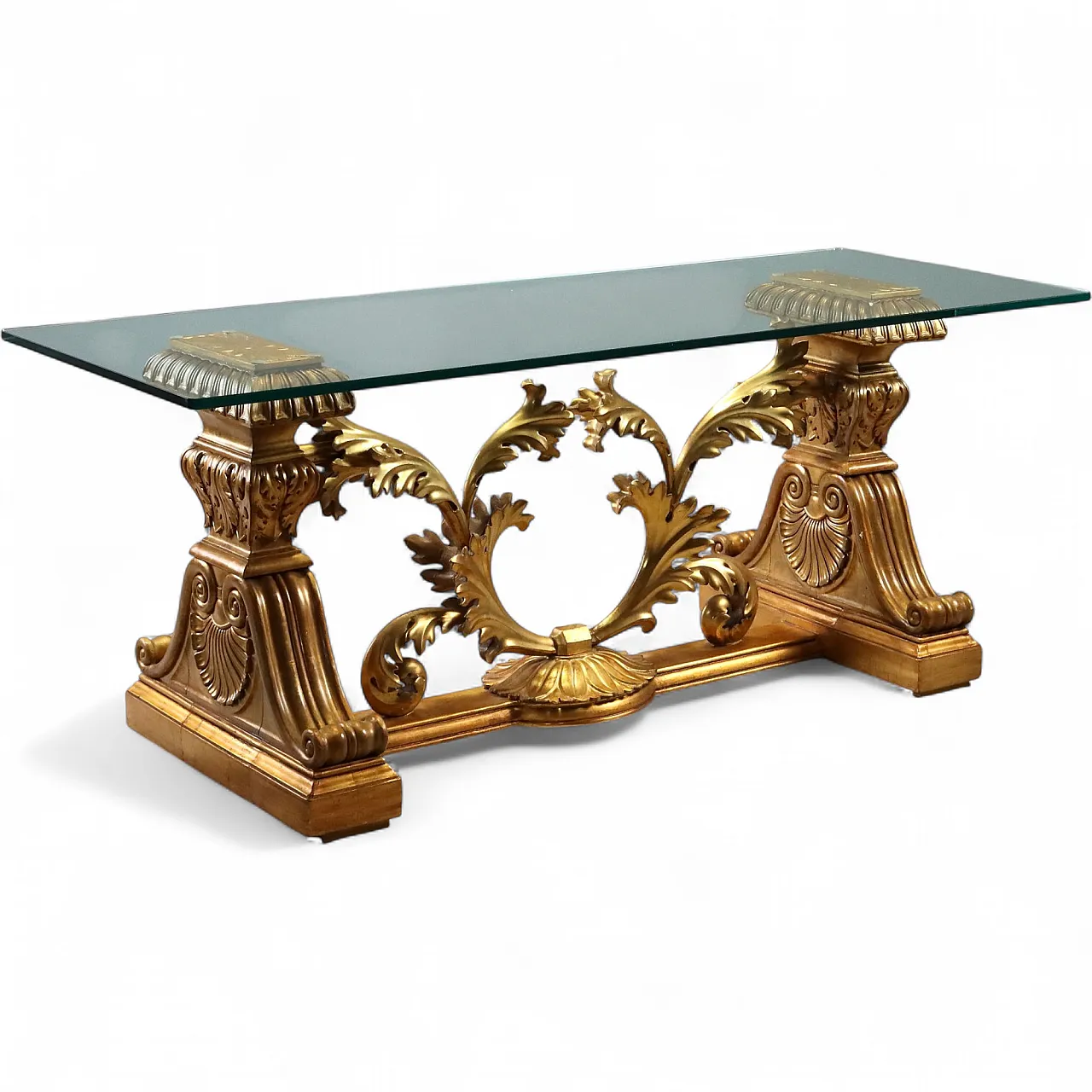 Table with carved and gilded wooden base, 20th century 11