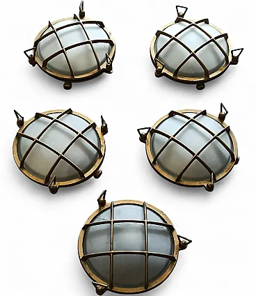 5 naval-style brass wall lamps, 1990s