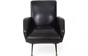 Armchair in black faux leather with iron legs, 1960s