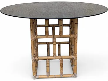 Table in wicker wood and smoked glass, 1970s