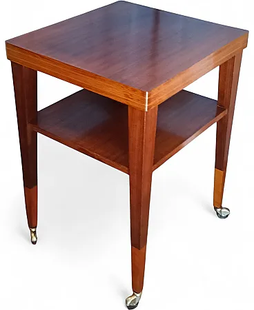 Squared wood side table on wheels, 1970s