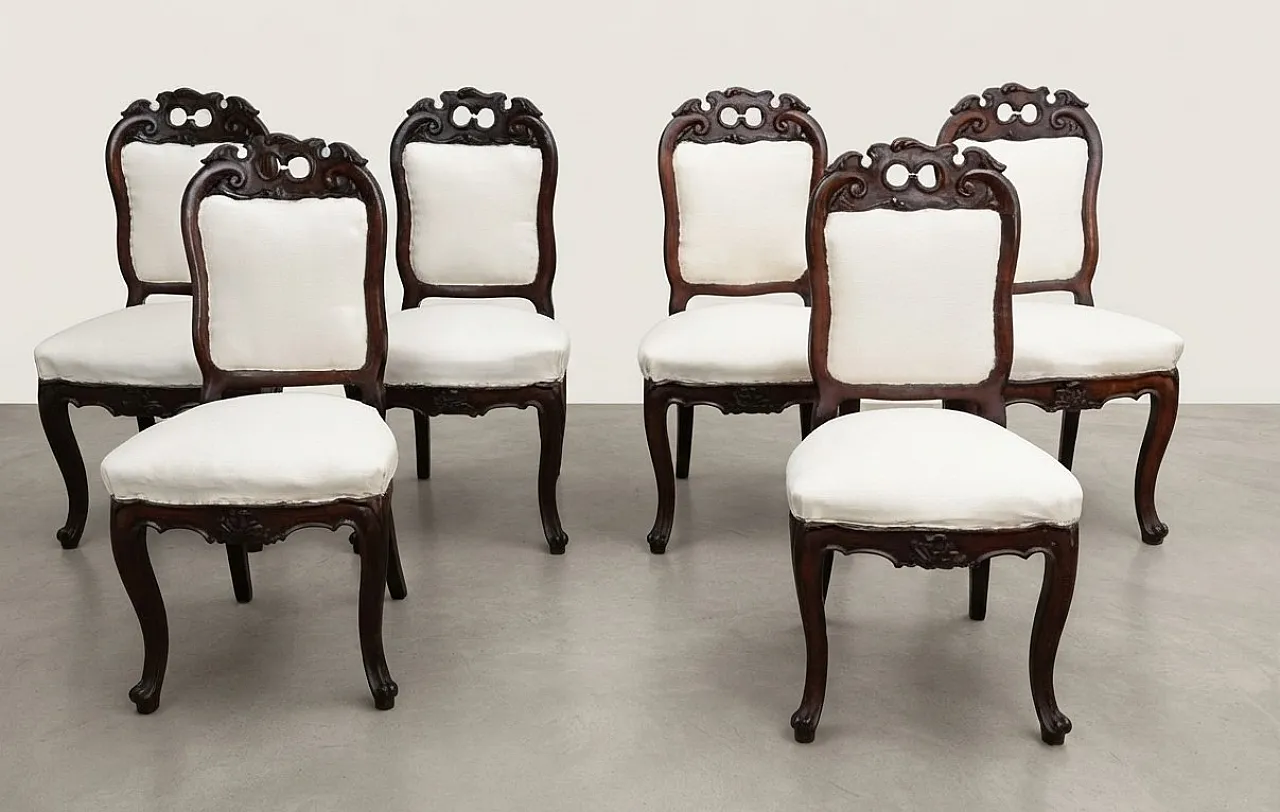 6 Umbertino style chairs with white fabric seat, 1940s 1