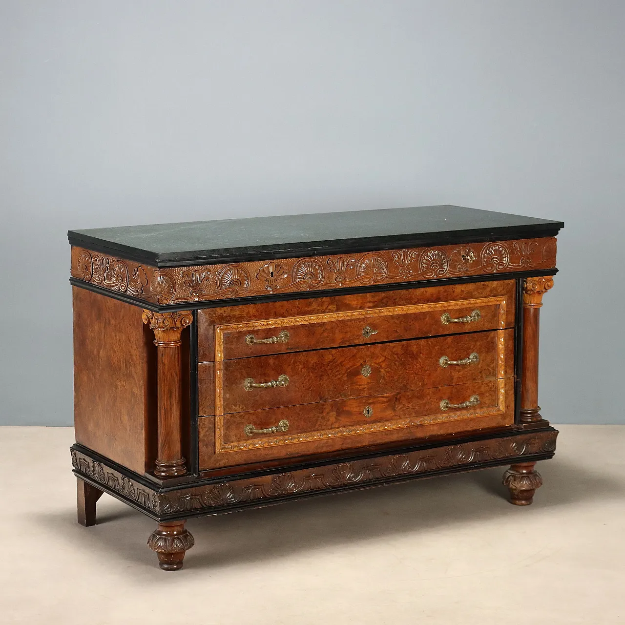 Walnut and burl chest of drawers with marble top, mid-20th century 1