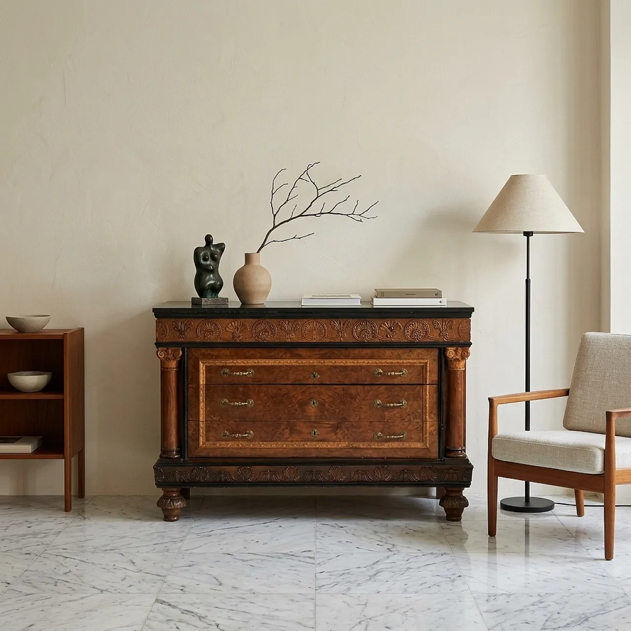 Walnut and burl chest of drawers with marble top, mid-20th century 2