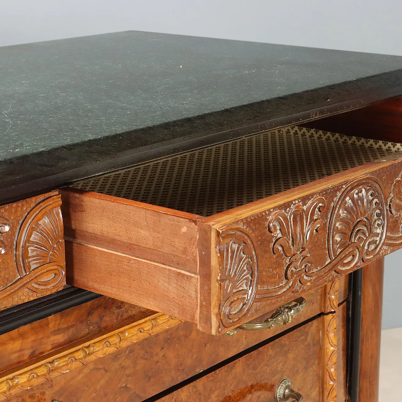 Walnut and burl chest of drawers with marble top, mid-20th century 8