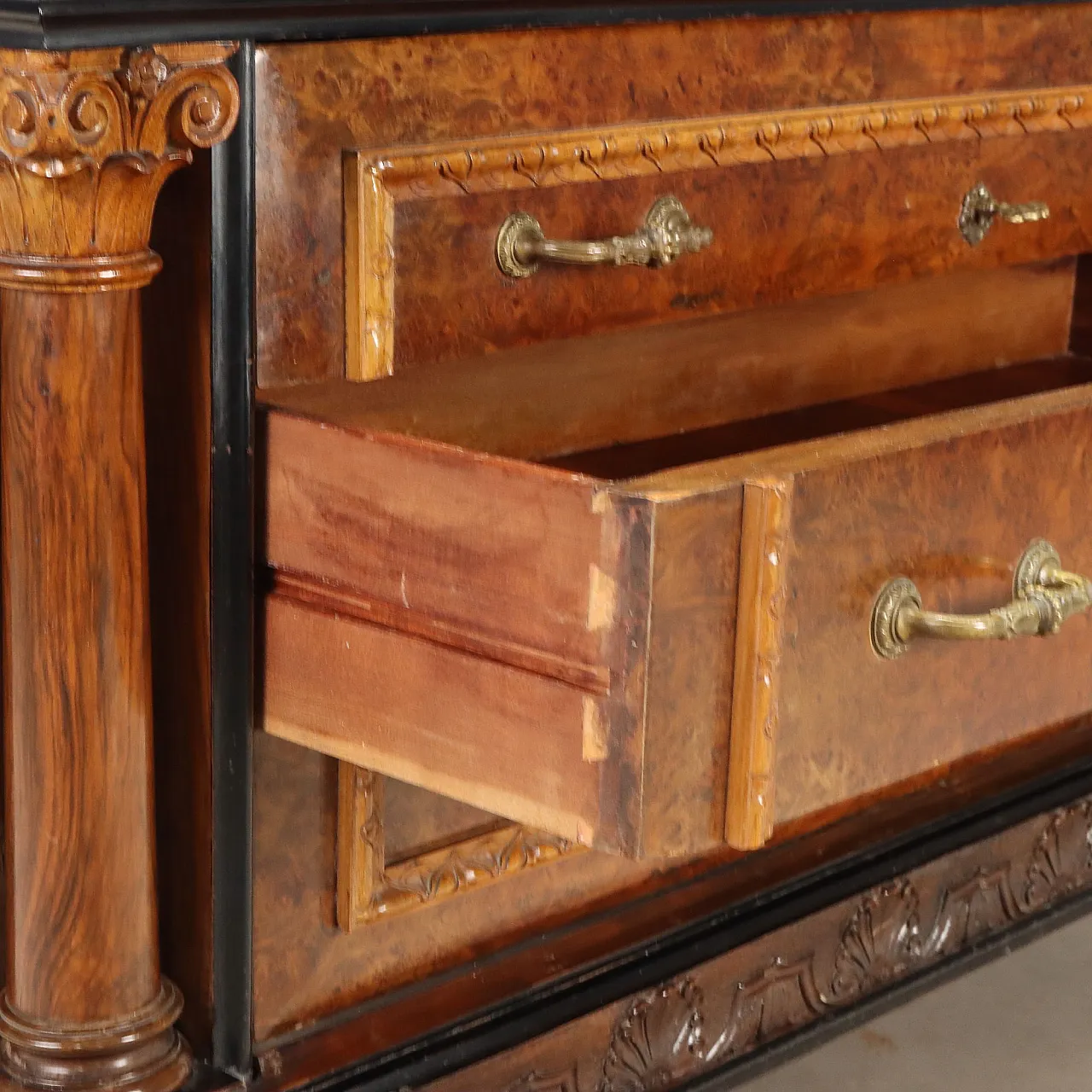 Walnut and burl chest of drawers with marble top, mid-20th century 9
