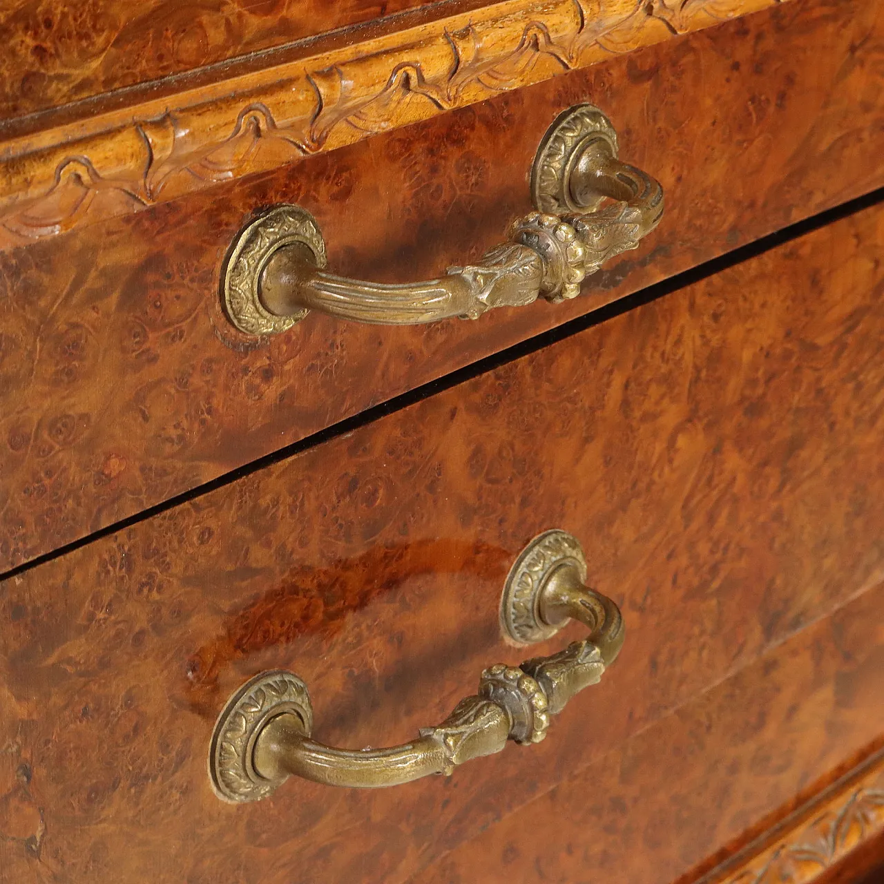 Walnut and burl chest of drawers with marble top, mid-20th century 10