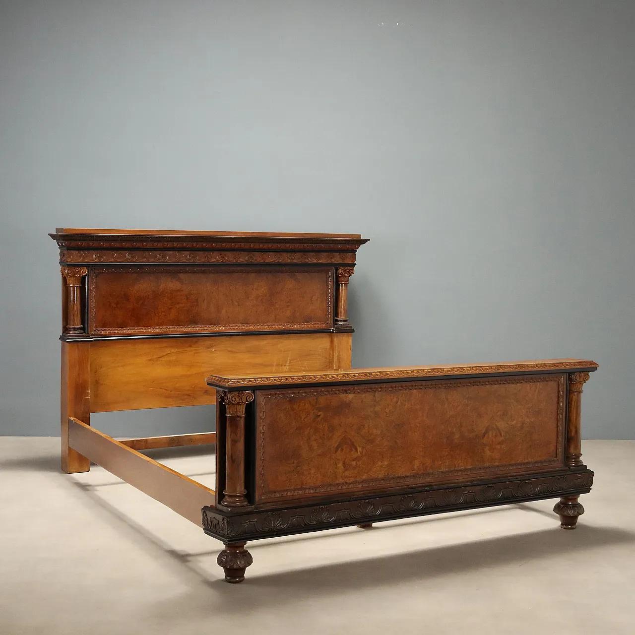Double bed in walnut and walnut burl, mid-20th century 1