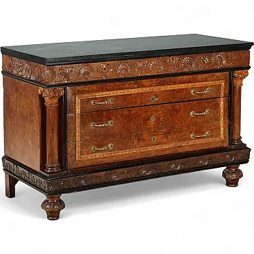 Walnut and burl chest of drawers with marble top, mid-20th century