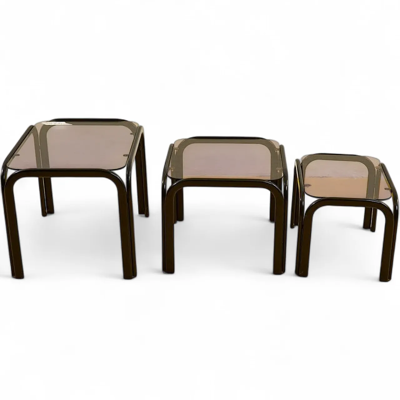 Set of 3 Nesting squared tables in metal and glass, 1970s 6