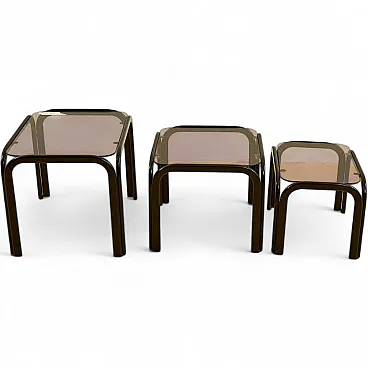 Set of 3 Nesting squared tables in metal and glass, 1970s
