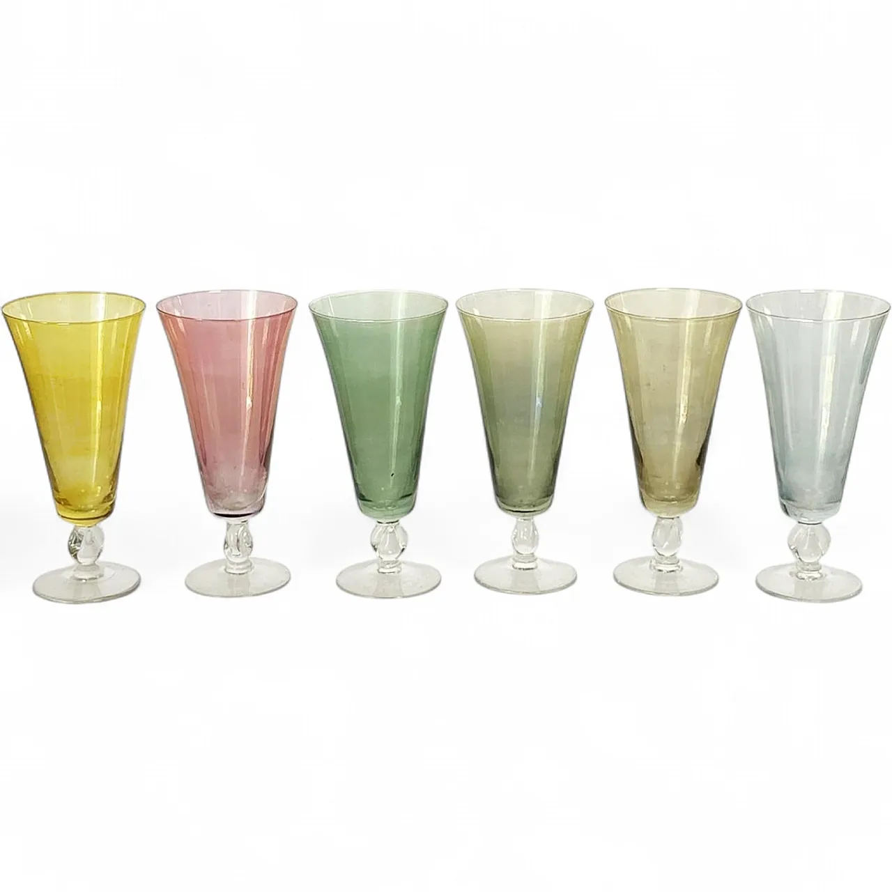 6 Fine colored glass champagne flutes, 1960s 13