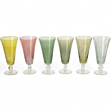 6 Fine colored glass champagne flutes, 1960s