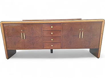 Credenza in radica di noce e acero con dettagli in ottone, anni '40
