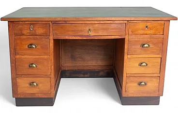 Ministerial wood desk with green faux leather top, 20th century