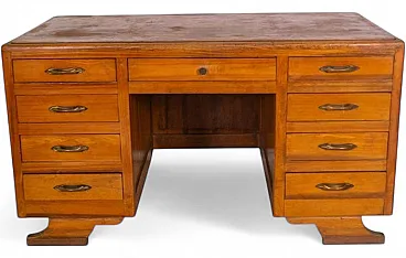 Wooden desk with double drawer unit and shaped legs, 1940s
