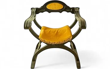 Savonarola chair in wood and velvet with backrest, 20th century
