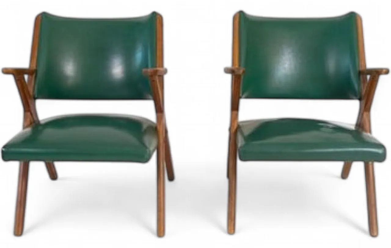 Pair of armchairs in wood and green skai from Dal Vera, 1960s 9
