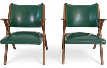 Pair of armchairs in wood and green skai from Dal Vera, 1960s