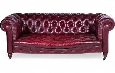 Victorian Chesterfield sofa in original bordeaux leather, 19th century