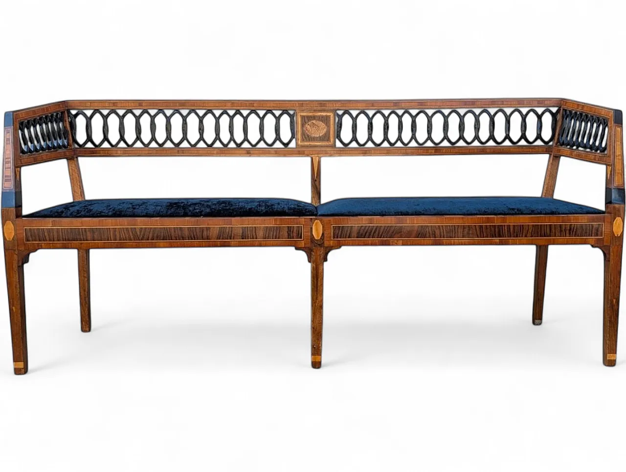 Neoclassical style walnut bench with maple inlays, 19th century 11