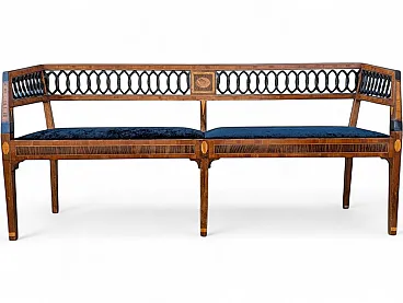 Neoclassical style walnut bench with maple inlays, 19th century
